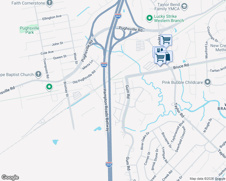 map of restaurants, bars, coffee shops, grocery stores, and more near 3012 Trappers Run in Chesapeake