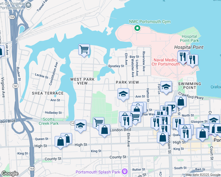 map of restaurants, bars, coffee shops, grocery stores, and more near 1410 Crawford Parkway in Portsmouth