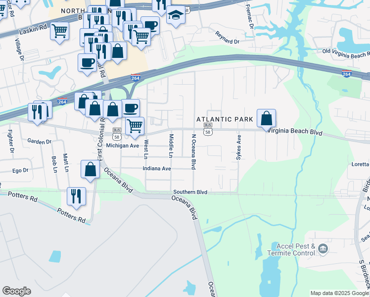 map of restaurants, bars, coffee shops, grocery stores, and more near 230 Roselynn Lane in Virginia Beach