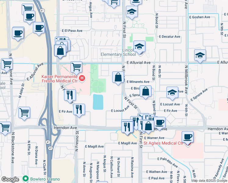 map of restaurants, bars, coffee shops, grocery stores, and more near 7235 North First Street in Fresno