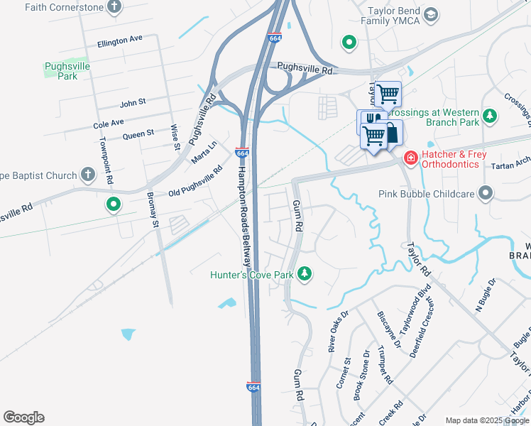 map of restaurants, bars, coffee shops, grocery stores, and more near 3008 Trappers Run in Chesapeake