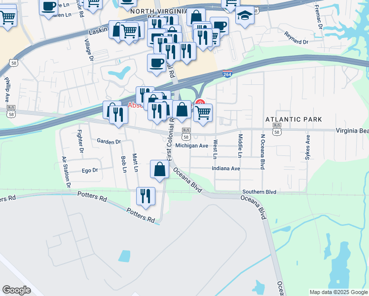 map of restaurants, bars, coffee shops, grocery stores, and more near 1649 Michigan Ave in Virginia Beach