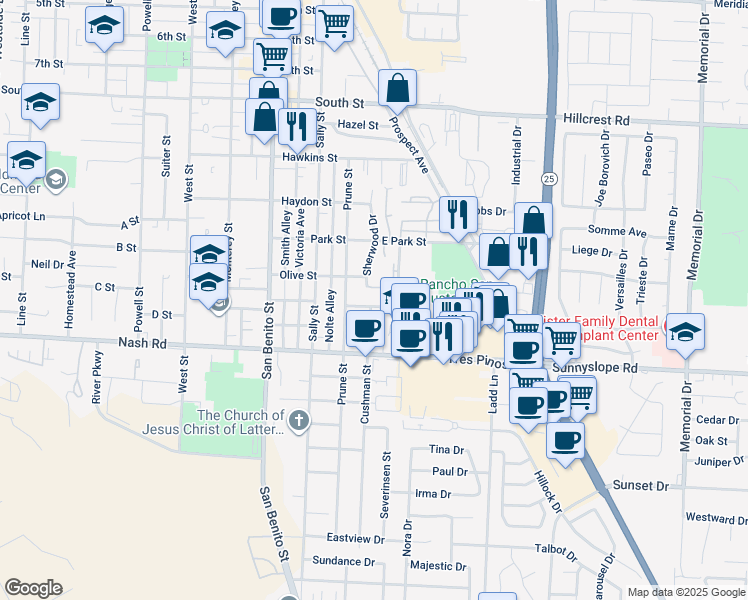 map of restaurants, bars, coffee shops, grocery stores, and more near 2 Knight Lane in Hollister