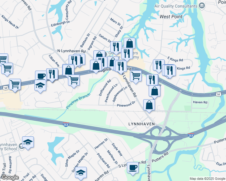 map of restaurants, bars, coffee shops, grocery stores, and more near 228 Peachwood Lane in Virginia Beach