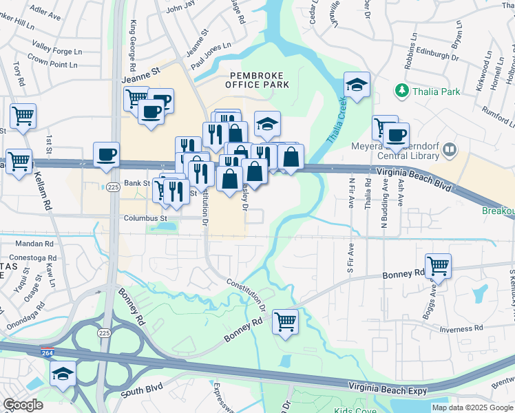 map of restaurants, bars, coffee shops, grocery stores, and more near 4350 Beasley Court in Virginia Beach