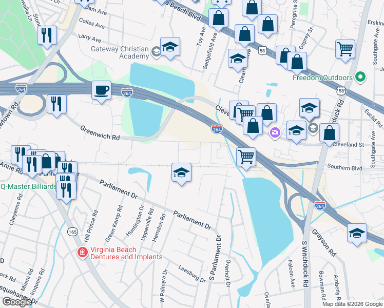 map of restaurants, bars, coffee shops, grocery stores, and more near 5429 Greenwich Road in Virginia Beach