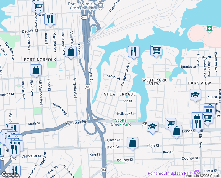 map of restaurants, bars, coffee shops, grocery stores, and more near 219 Sandpiper Dr in Portsmouth