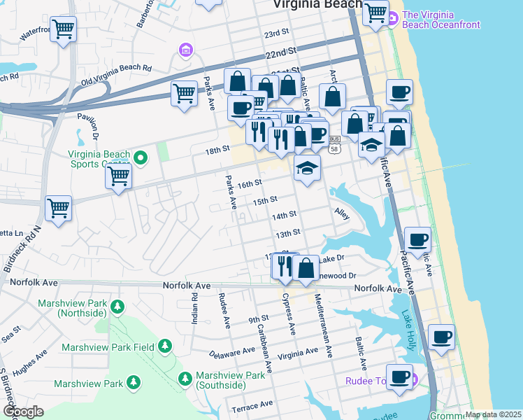 map of restaurants, bars, coffee shops, grocery stores, and more near 1414 Cypress Avenue in Virginia Beach
