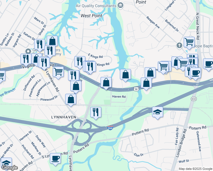 map of restaurants, bars, coffee shops, grocery stores, and more near 2608 Colony Pines Drive in Virginia Beach