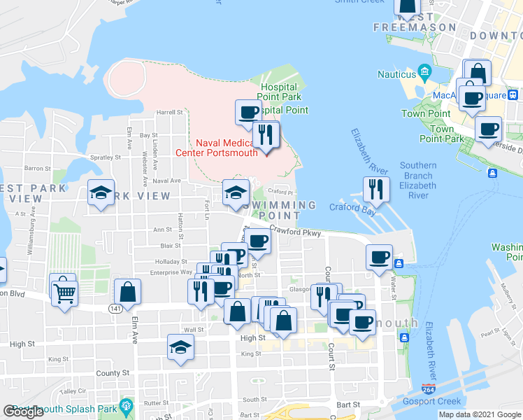 map of restaurants, bars, coffee shops, grocery stores, and more near 700 Crawford Pkwy in Portsmouth