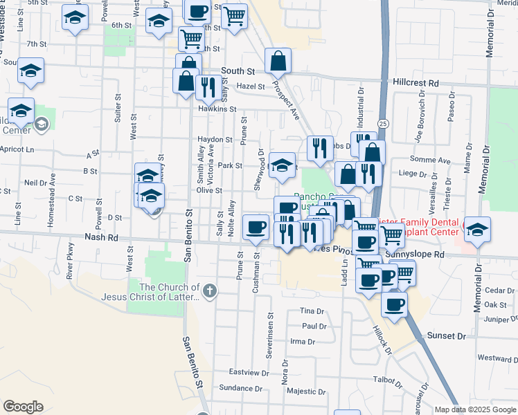 map of restaurants, bars, coffee shops, grocery stores, and more near 50 Knight Lane in Hollister