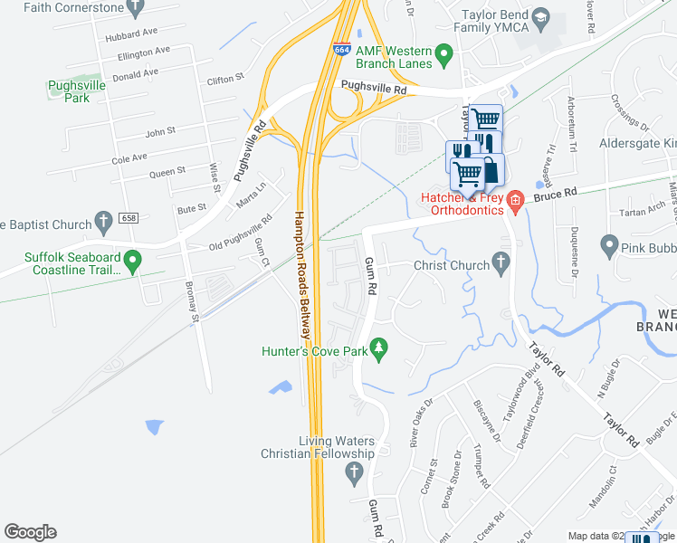 map of restaurants, bars, coffee shops, grocery stores, and more near 4623 Woodmark Trail in Chesapeake