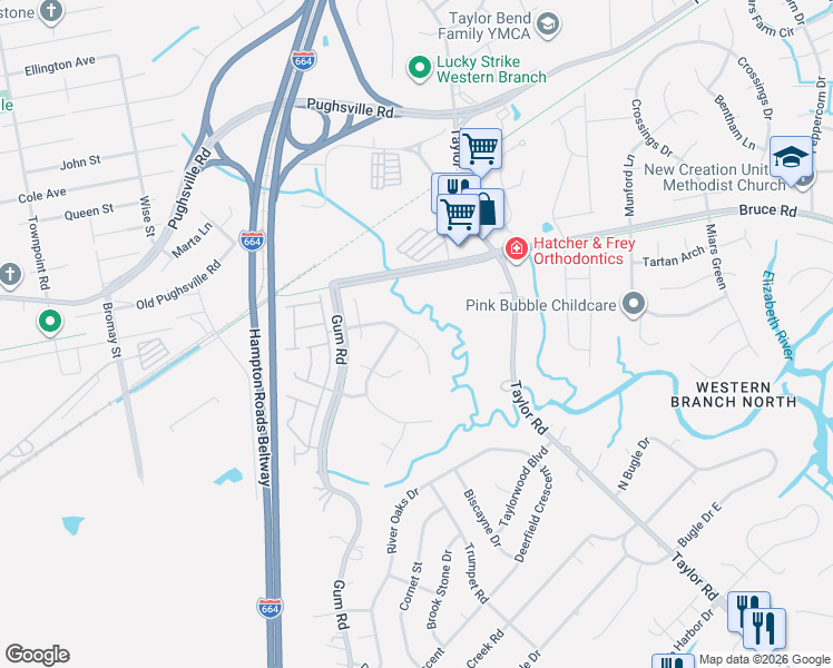 map of restaurants, bars, coffee shops, grocery stores, and more near 4621 Drum Point Lane in Chesapeake