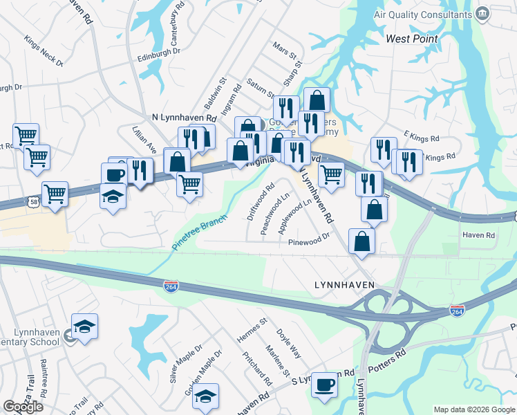 map of restaurants, bars, coffee shops, grocery stores, and more near 228 Driftwood Road in Virginia Beach