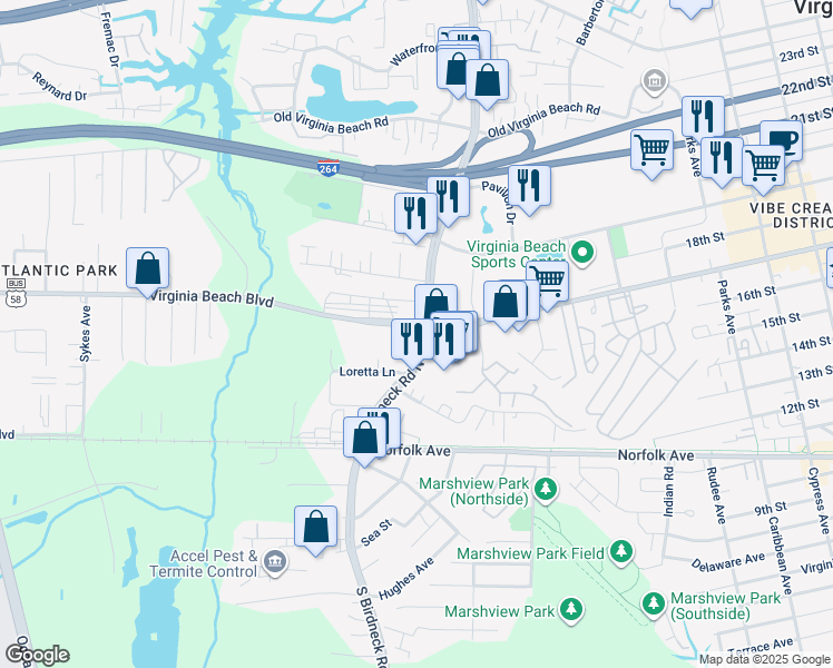 map of restaurants, bars, coffee shops, grocery stores, and more near 1085 Virginia Beach Boulevard in Virginia Beach