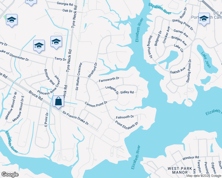 map of restaurants, bars, coffee shops, grocery stores, and more near 3721 Ludgate Drive in Chesapeake