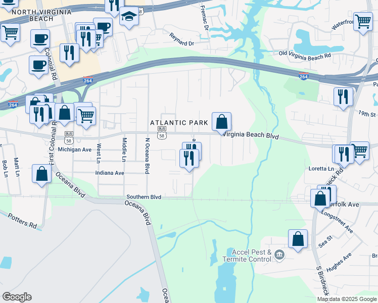 map of restaurants, bars, coffee shops, grocery stores, and more near 233 Sykes Avenue in Virginia Beach