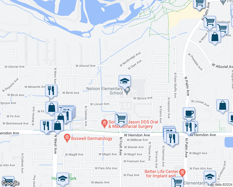 map of restaurants, bars, coffee shops, grocery stores, and more near 1426 West Spruce Avenue in Fresno