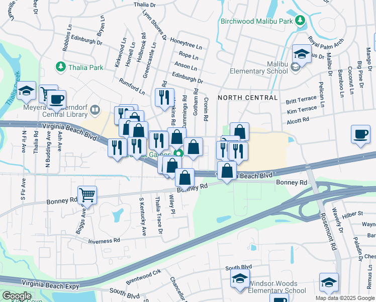 map of restaurants, bars, coffee shops, grocery stores, and more near 340 Lynn Shores Drive in Virginia Beach