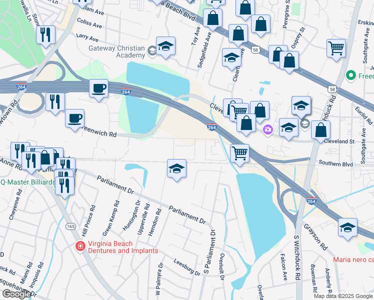 map of restaurants, bars, coffee shops, grocery stores, and more near 5429 Greenwich Road in Virginia Beach