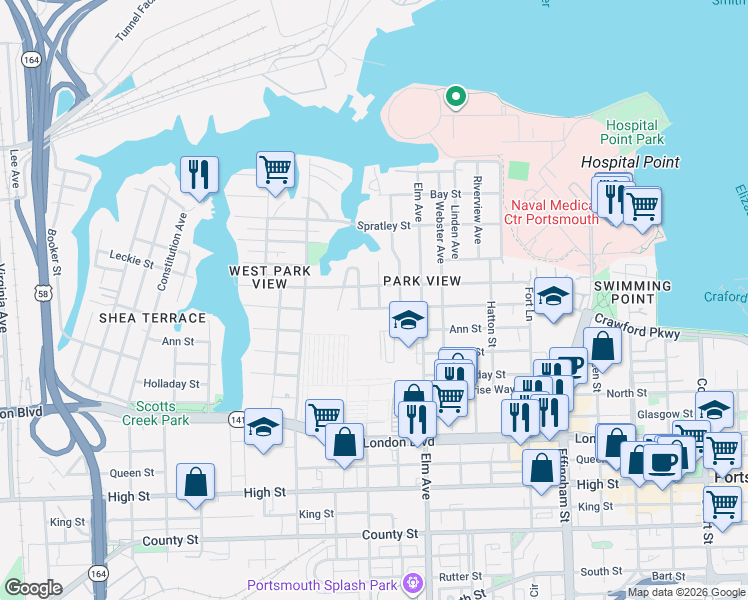 map of restaurants, bars, coffee shops, grocery stores, and more near 1410 Crawford Parkway in Portsmouth