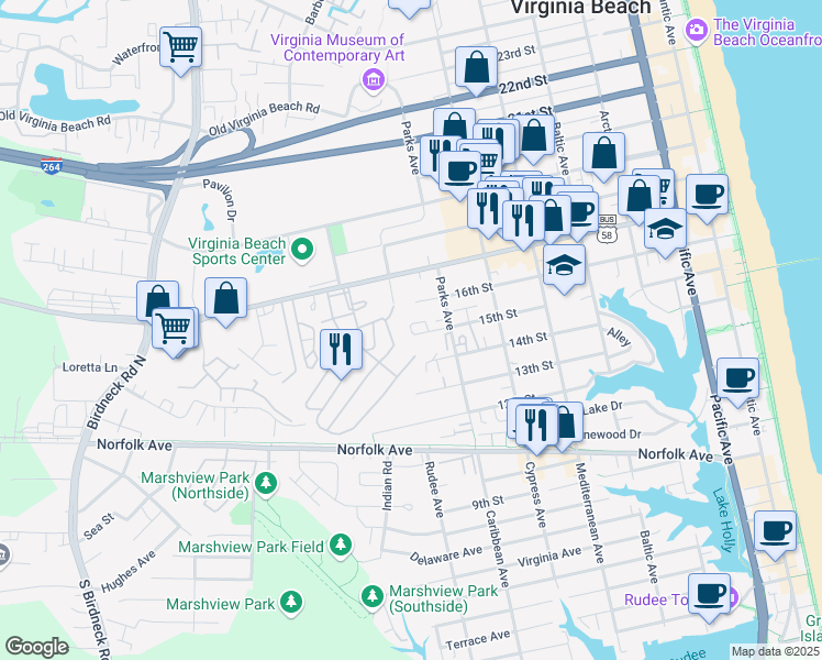map of restaurants, bars, coffee shops, grocery stores, and more near 15th St & 15 1/2 St in Virginia Beach
