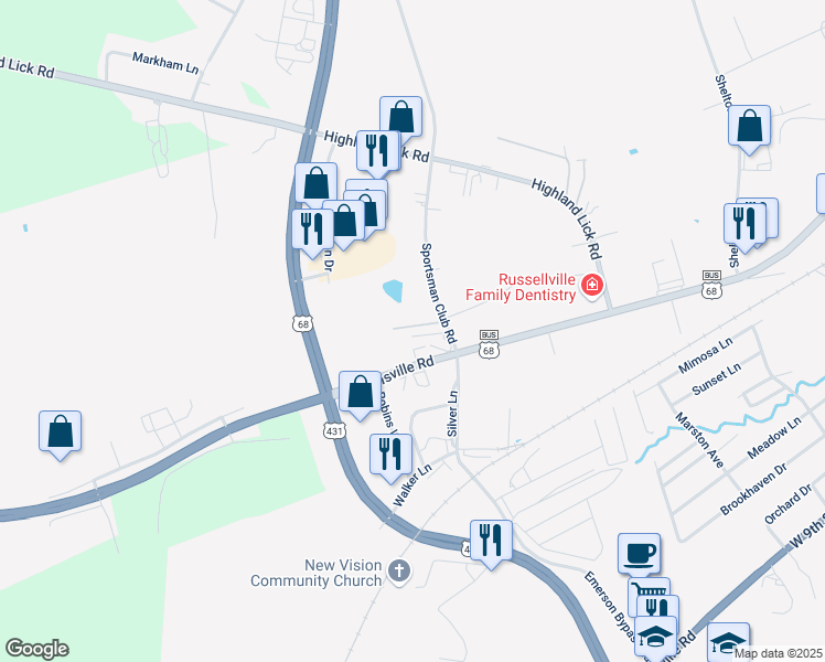 map of restaurants, bars, coffee shops, grocery stores, and more near 1100 Sportsman Club Road in Russellville