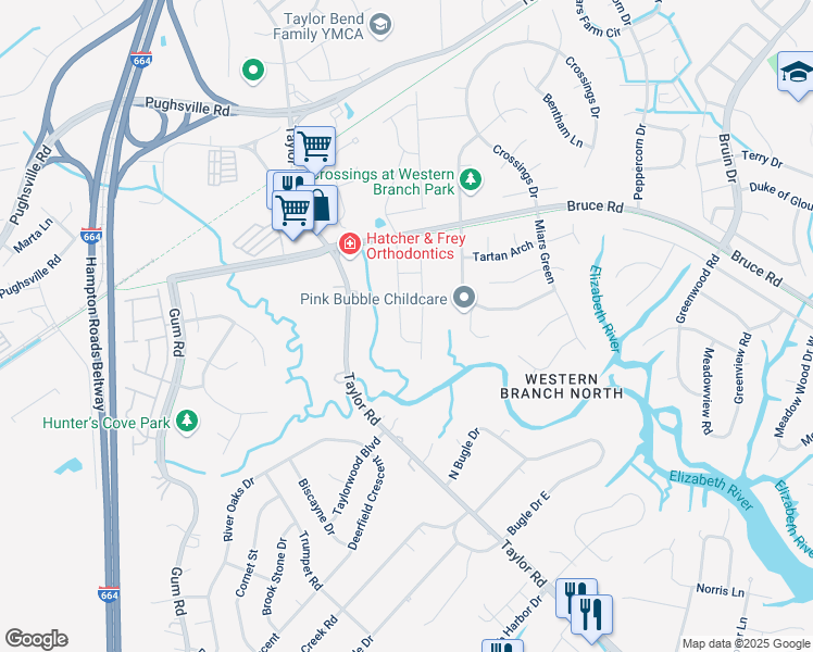 map of restaurants, bars, coffee shops, grocery stores, and more near 3209 Braddock Landing Road in Chesapeake