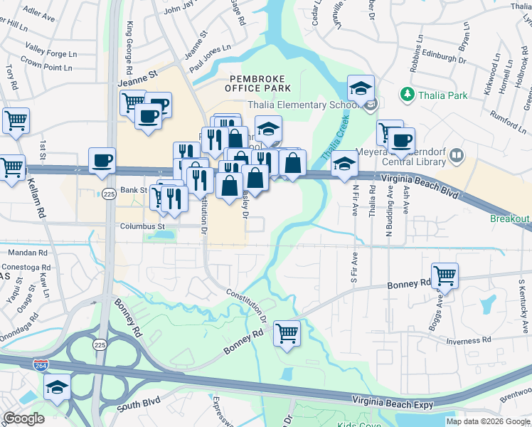 map of restaurants, bars, coffee shops, grocery stores, and more near 4350 Beasley Court in Virginia Beach