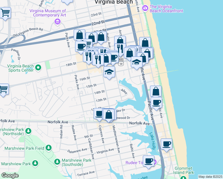 map of restaurants, bars, coffee shops, grocery stores, and more near 14th Street in Virginia Beach