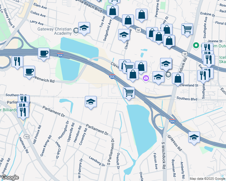 map of restaurants, bars, coffee shops, grocery stores, and more near 5305 Bleecker Street in Virginia Beach