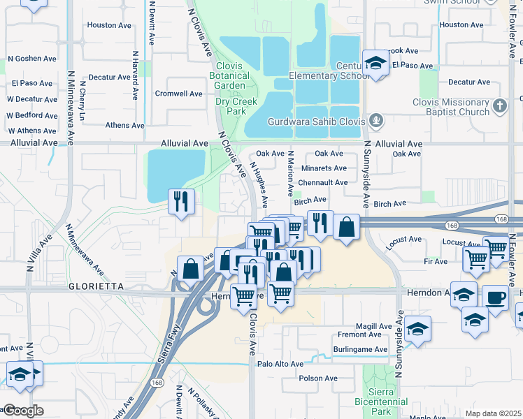 map of restaurants, bars, coffee shops, grocery stores, and more near 700 North Hughes Avenue in Clovis