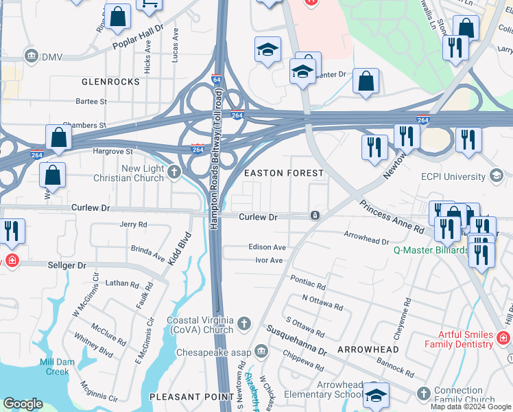 map of restaurants, bars, coffee shops, grocery stores, and more near 108 Bristol Avenue in Norfolk