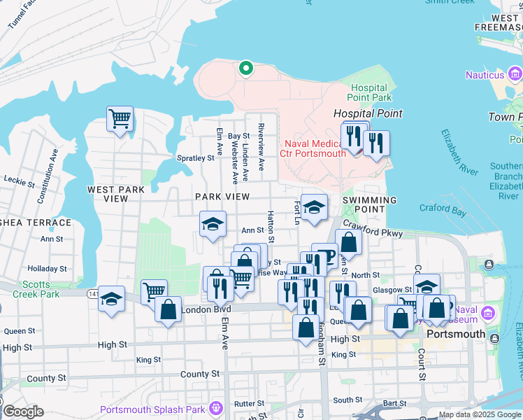 map of restaurants, bars, coffee shops, grocery stores, and more near 1016 Crawford Parkway in Portsmouth