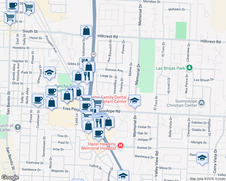 map of restaurants, bars, coffee shops, grocery stores, and more near 1340 Versailles Drive in Hollister
