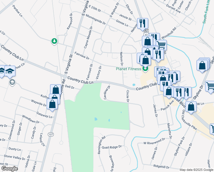 map of restaurants, bars, coffee shops, grocery stores, and more near 401 Cardinal Drive in Hopkinsville