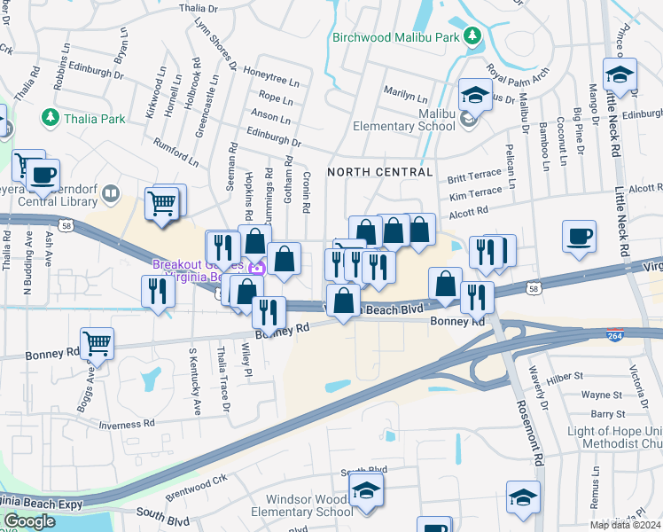 map of restaurants, bars, coffee shops, grocery stores, and more near 320 Caren Dr in Virginia Beach