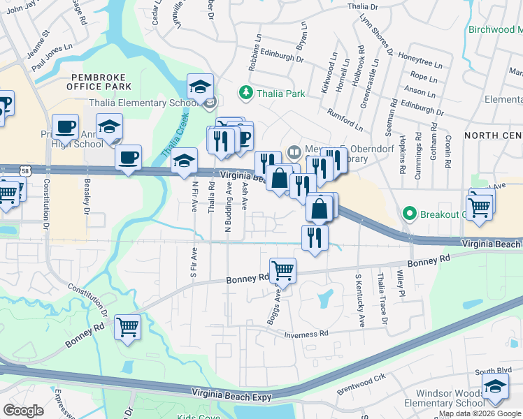 map of restaurants, bars, coffee shops, grocery stores, and more near 4140 Thalia Station Circle in Virginia Beach