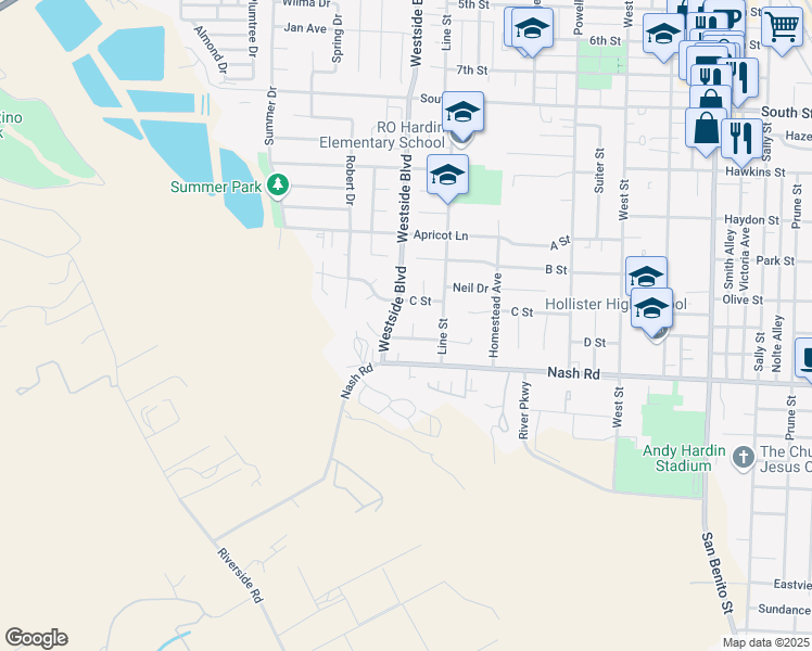 map of restaurants, bars, coffee shops, grocery stores, and more near 1350 Carmela Court in Hollister