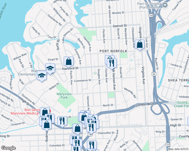 map of restaurants, bars, coffee shops, grocery stores, and more near 720 Flanders Circle in Portsmouth