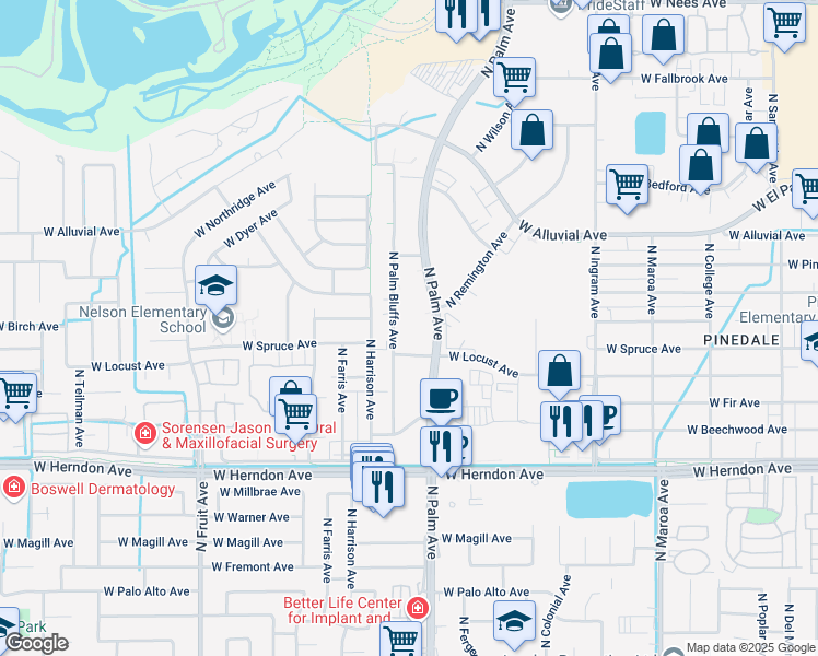 map of restaurants, bars, coffee shops, grocery stores, and more near 7201 North Palm Avenue in Fresno