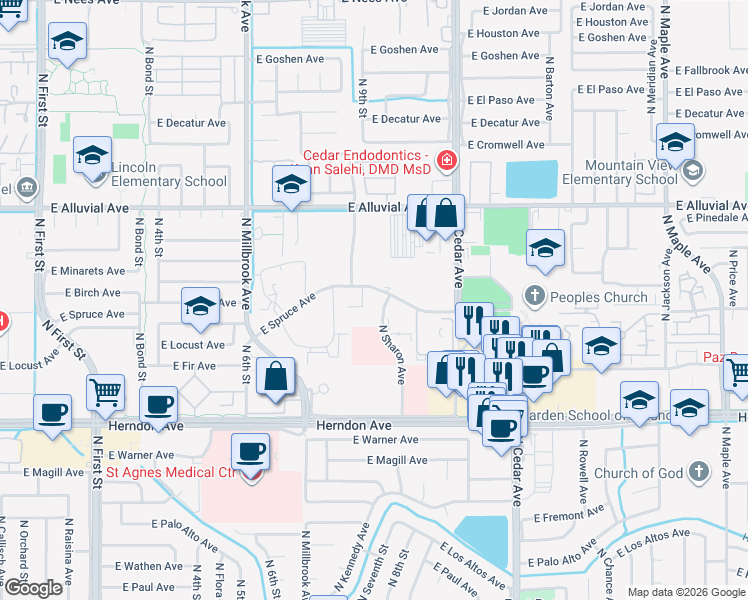 map of restaurants, bars, coffee shops, grocery stores, and more near 1275 E Spruce Ave in Fresno