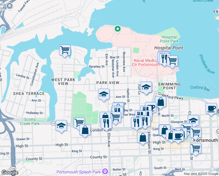 map of restaurants, bars, coffee shops, grocery stores, and more near in Portsmouth