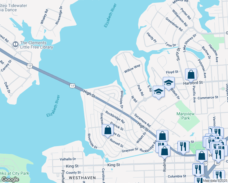 map of restaurants, bars, coffee shops, grocery stores, and more near 560 Nansemond Crescent in Portsmouth