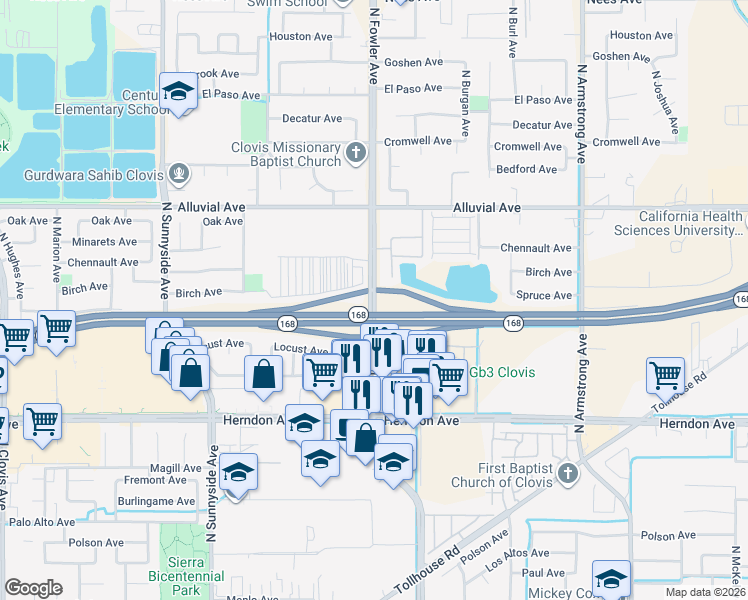 map of restaurants, bars, coffee shops, grocery stores, and more near 1055 North Fowler Avenue in Clovis