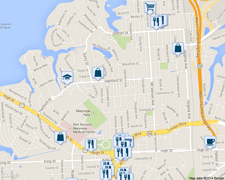 map of restaurants, bars, coffee shops, grocery stores, and more near 730 Potomac Ave in Portsmouth