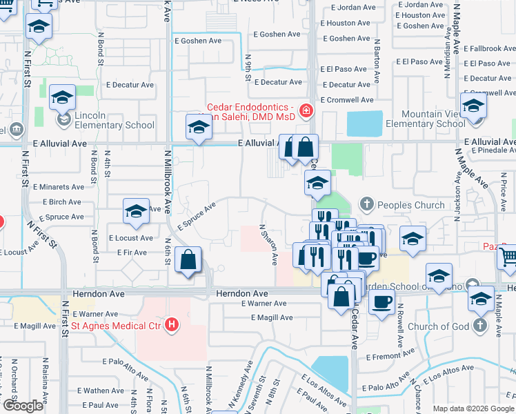 map of restaurants, bars, coffee shops, grocery stores, and more near 1275 East Spruce Avenue in Fresno