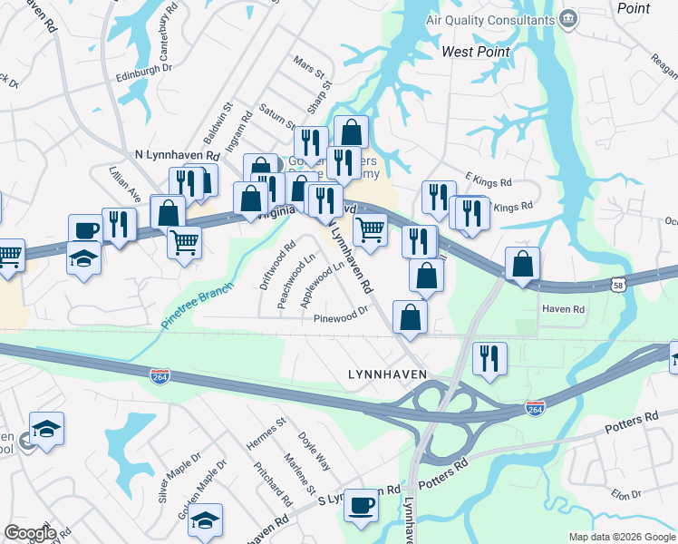 map of restaurants, bars, coffee shops, grocery stores, and more near 228 Greenwood Lane in Virginia Beach