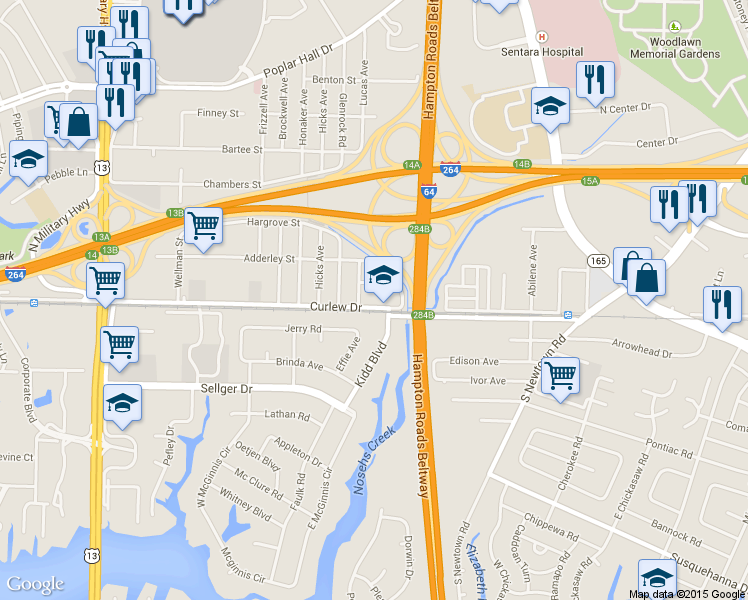 map of restaurants, bars, coffee shops, grocery stores, and more near 5964 Curlew Drive in Norfolk