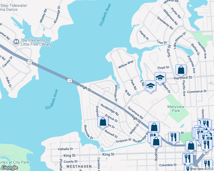 map of restaurants, bars, coffee shops, grocery stores, and more near 560 Nansemond Crescent in Portsmouth